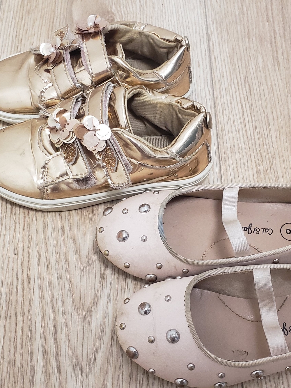 Nicole Miller Metallic Gold Velcro Sneakers and Blush Stud Ballet Flats